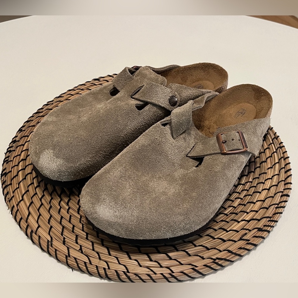 Birkenstock Boston Soft Footbed Taupe Suede Clogs